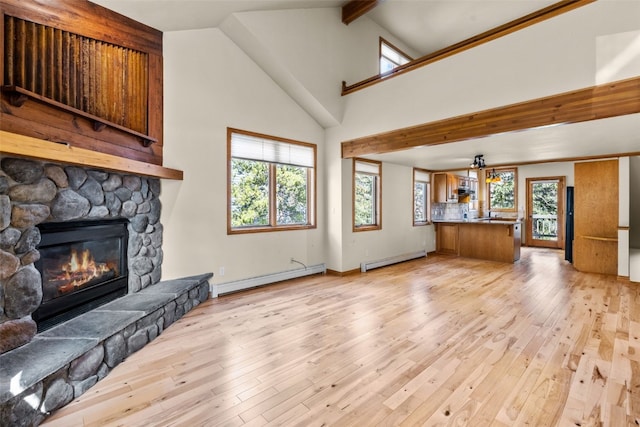 142 High Meadow Dr, Dillon, CO 80435 - unfurnished living room featuring a baseboard radiator, a stone fireplace, beamed ceiling, light wood finished floors, and high vaulted ceiling