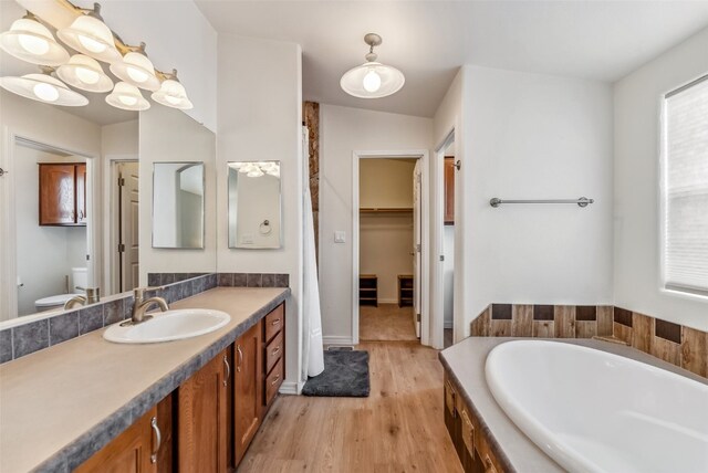 370 Stone Creek Dr, Fairplay, CO 80440 - bathroom with a bath, wood finished floors, vanity, toilet, and a spacious closet