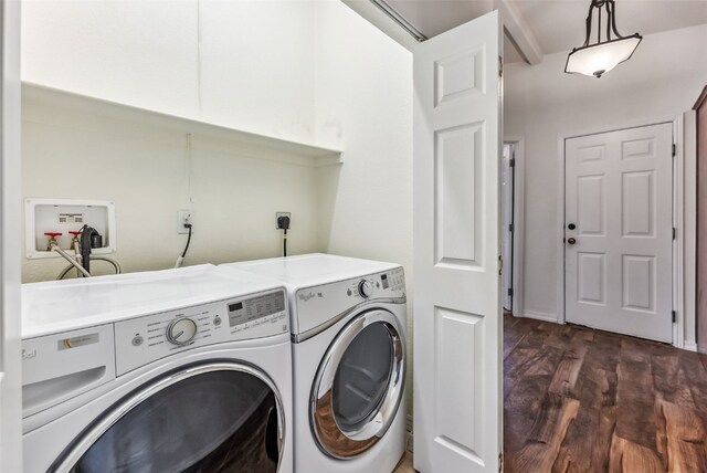 370 Stone Creek Dr, Fairplay, CO 80440 - washroom with laundry area, dark wood-style floors, and washer and clothes dryer