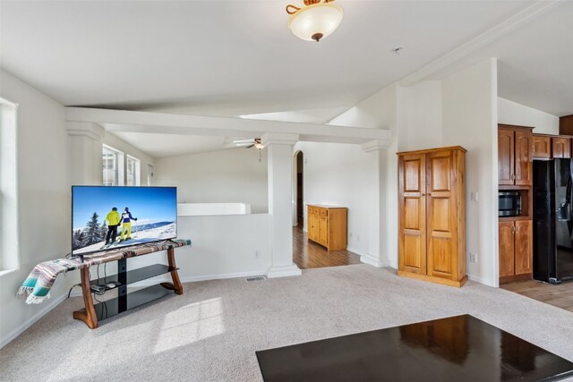 370 Stone Creek Dr, Fairplay, CO 80440 - carpeted living area with baseboards, ceiling fan, and vaulted ceiling