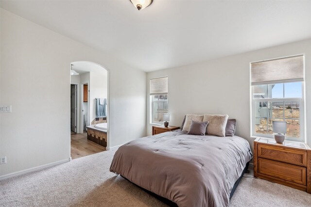 370 Stone Creek Dr, Fairplay, CO 80440 - bedroom with arched walkways, baseboards, ensuite bath, and light colored carpet