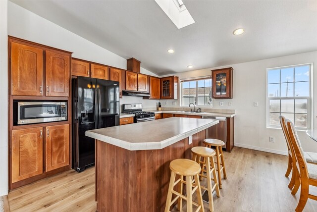 370 Stone Creek Dr, Fairplay, CO 80440 - kitchen with glass insert cabinets, lofted ceiling with skylight, under cabinet range hood, a sink, and stainless steel appliances