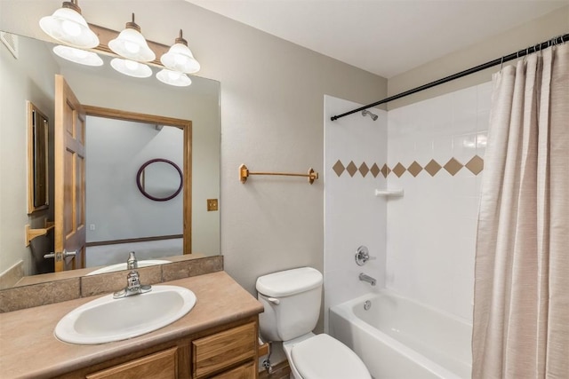 bathroom with toilet, vanity, and shower / bathtub combination with curtain