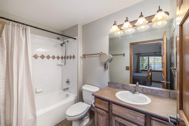 full bath with shower / bath combo with shower curtain, vanity, connected bathroom, and toilet