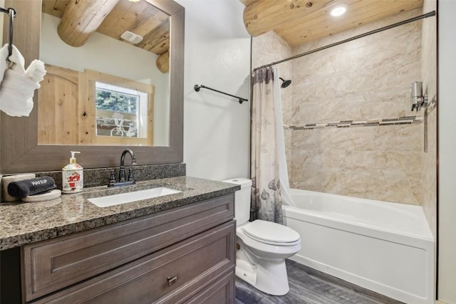 282 Sally Cir, Breckenridge, CO 80424 - full bath with wood finished floors, toilet, vanity, shower / bathtub combination with curtain, and wooden ceiling with exposed beams