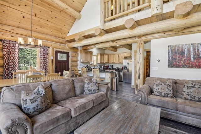 282 Sally Cir, Breckenridge, CO 80424 - living area featuring dark wood-style flooring, wood ceiling, and a chandelier