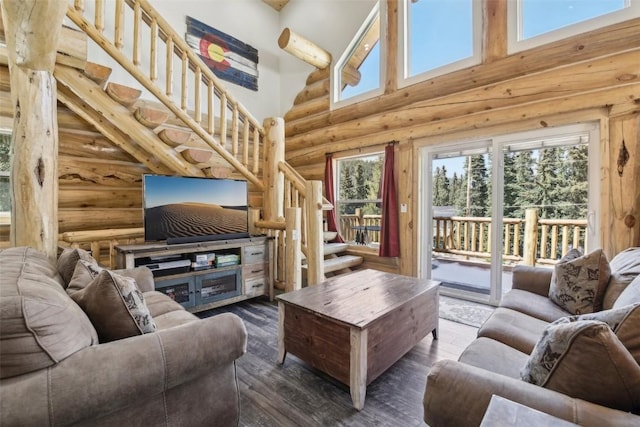 282 Sally Cir, Breckenridge, CO 80424 - living area with a high ceiling, log walls, stairway, and wood finished floors