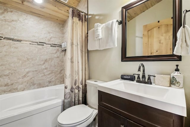 282 Sally Cir, Breckenridge, CO 80424 - full bathroom with toilet, shower / tub combo with curtain, vanity, and wood ceiling