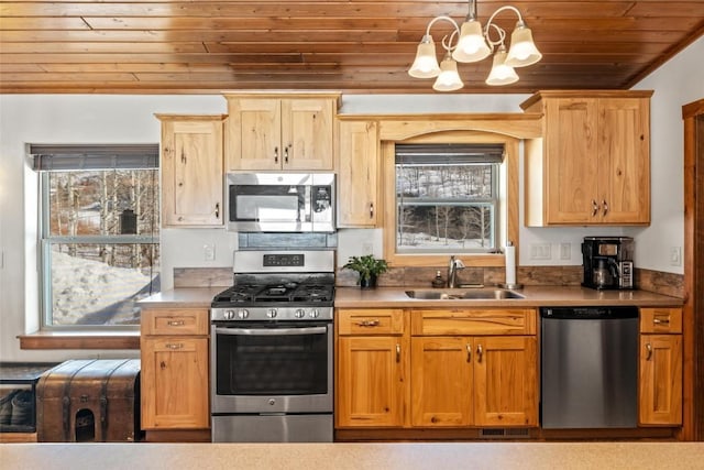27100 Beaver Canyon Dr, Clark, CO 80428 - kitchen featuring appliances with stainless steel finishes, a sink, wooden ceiling, a chandelier, and light countertops