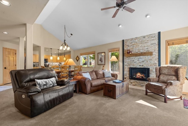 1506 Cascade Dr Unit 4, Steamboat Springs, CO 80487 - living room featuring light carpet, vaulted ceiling, a fireplace, ceiling fan, and recessed lighting