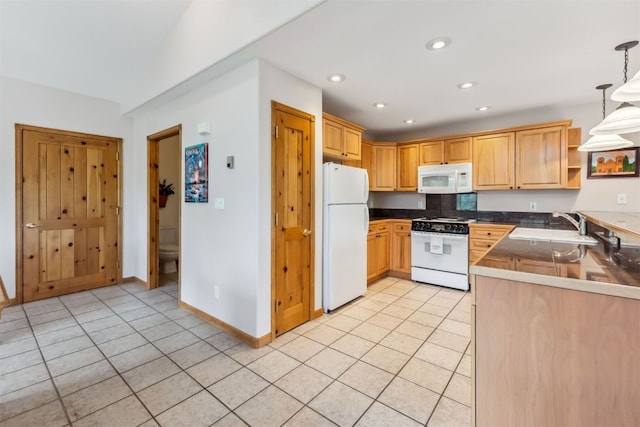 129 Lookout Ridge Dr Unit 129, Dillon, CO 80435 - kitchen with white appliances, light tile patterned floors, open shelves, recessed lighting, and hanging light fixtures