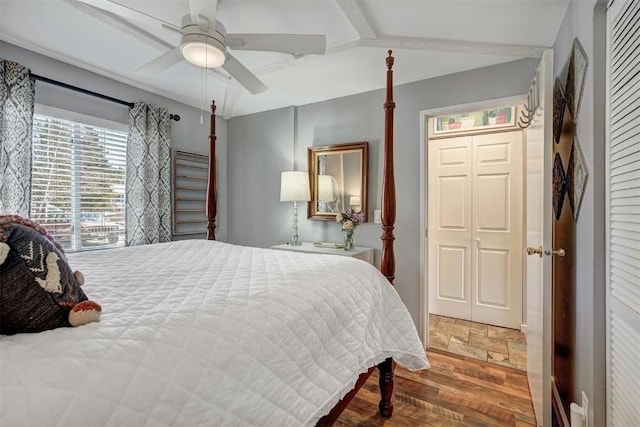bedroom with wood finished floors and ceiling fan
