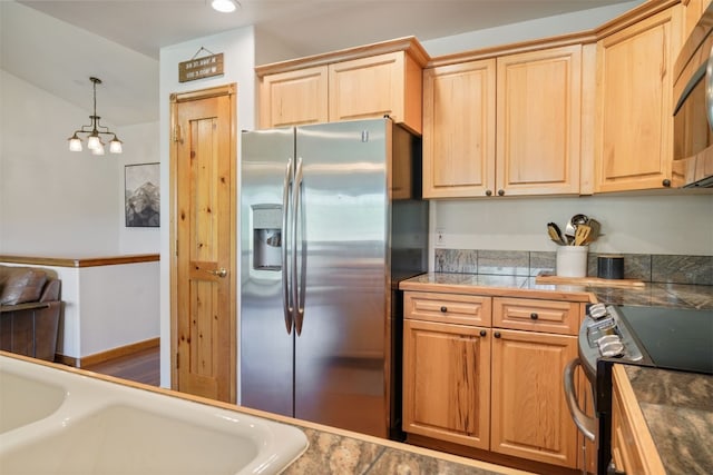 113 Lookout Ridge Dr, Dillon, CO 80435 - kitchen featuring appliances with stainless steel finishes, tile countertops, light brown cabinets, hanging light fixtures, and recessed lighting