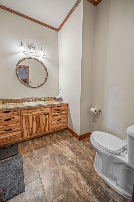 527 E Lincoln Ave, Hayden, CO 81639 - bathroom featuring ornamental molding, toilet, vanity, and baseboards
