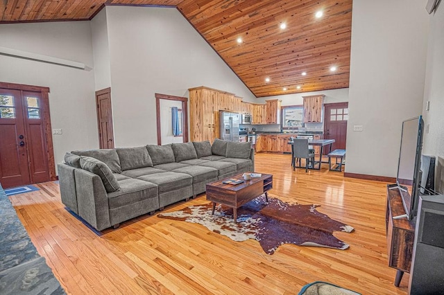 527 E Lincoln Ave, Hayden, CO 81639 - living area featuring wooden ceiling, light wood-style floors, high vaulted ceiling, recessed lighting, and baseboards