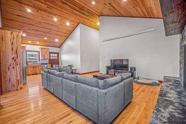527 E Lincoln Ave, Hayden, CO 81639 - living room featuring wood ceiling, recessed lighting, light wood-style flooring, and high vaulted ceiling