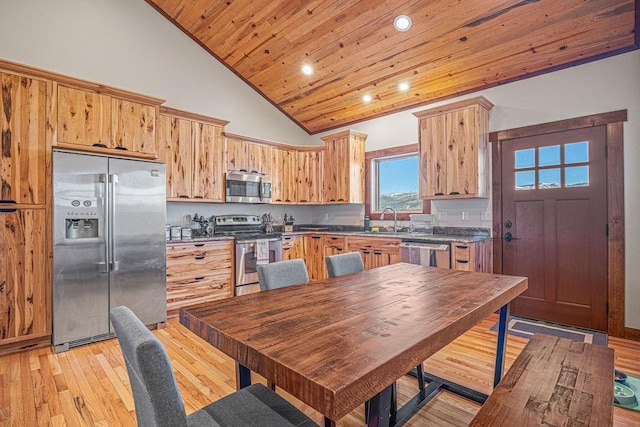 527 E Lincoln Ave, Hayden, CO 81639 - kitchen with stainless steel appliances, recessed lighting, wood ceiling, a sink, and light wood-type flooring