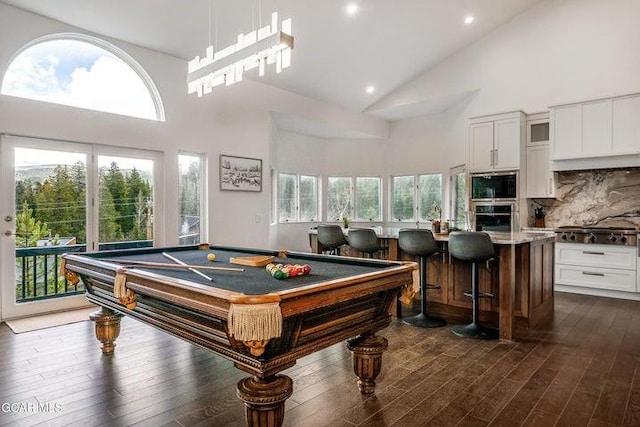 671 Vasquez Rd, Winter Park, CO 80482 - recreation room with high vaulted ceiling, pool table, dark wood finished floors, and recessed lighting