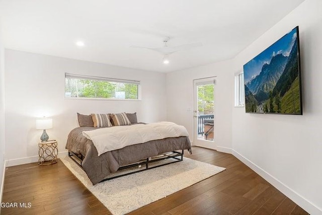 671 Vasquez Rd, Winter Park, CO 80482 - bedroom with access to outside, baseboards, wood-type flooring, recessed lighting, and a ceiling fan