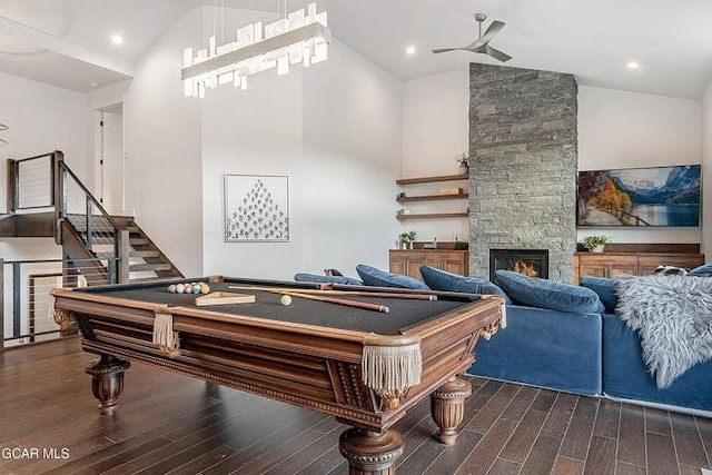 671 Vasquez Rd, Winter Park, CO 80482 - recreation room featuring dark wood-style floors, high vaulted ceiling, pool table, a stone fireplace, and a ceiling fan