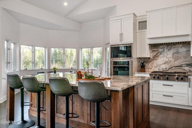 671 Vasquez Rd, Winter Park, CO 80482 - kitchen with appliances with stainless steel finishes, light stone counters, dark wood-style flooring, white cabinets, and backsplash