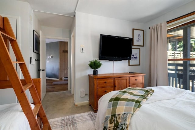 2700 Village Dr Unit D203, Steamboat Springs, CO 80487 - bedroom featuring light carpet, baseboards, and a baseboard heating unit