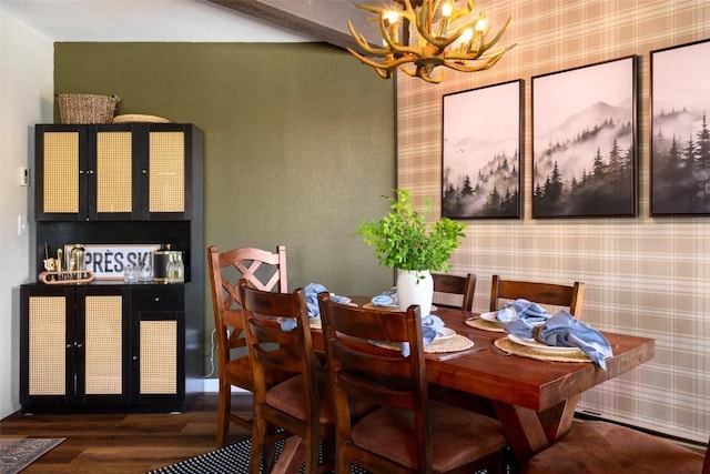 2700 Village Dr Unit D203, Steamboat Springs, CO 80487 - dining room featuring a chandelier, wood finished floors, and wallpapered walls