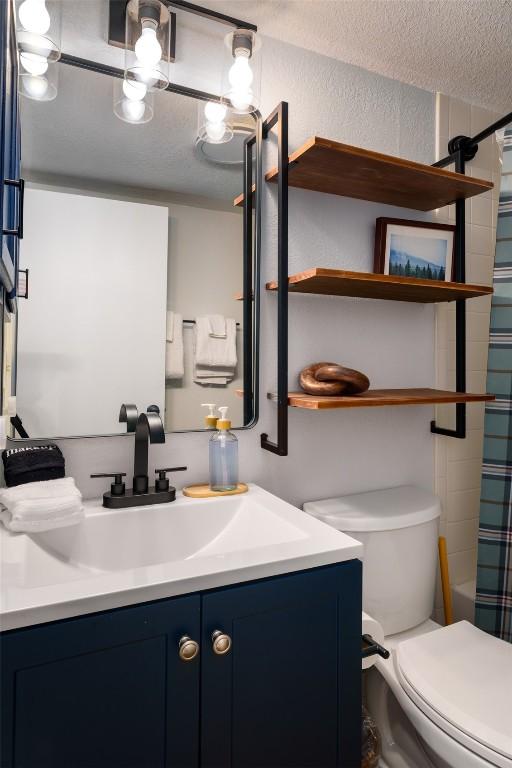 2700 Village Dr Unit D203, Steamboat Springs, CO 80487 - full bathroom featuring vanity, toilet, a textured ceiling, and a textured wall