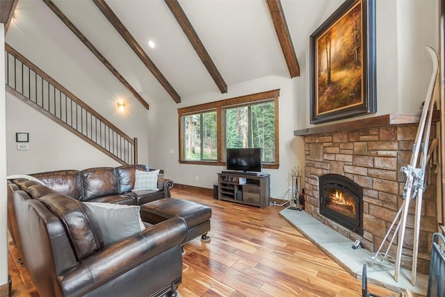 554 Lakeview Dr, Breckenridge, CO 80424 - living area with light wood-style flooring, a fireplace, stairs, and baseboards