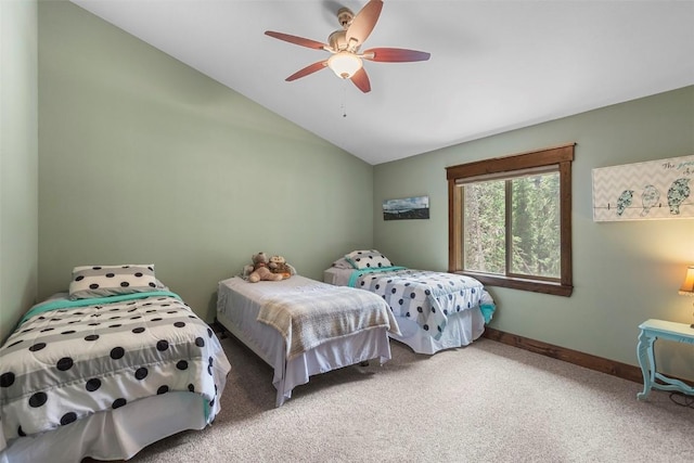 554 Lakeview Dr, Breckenridge, CO 80424 - carpeted bedroom featuring vaulted ceiling, baseboards, and ceiling fan