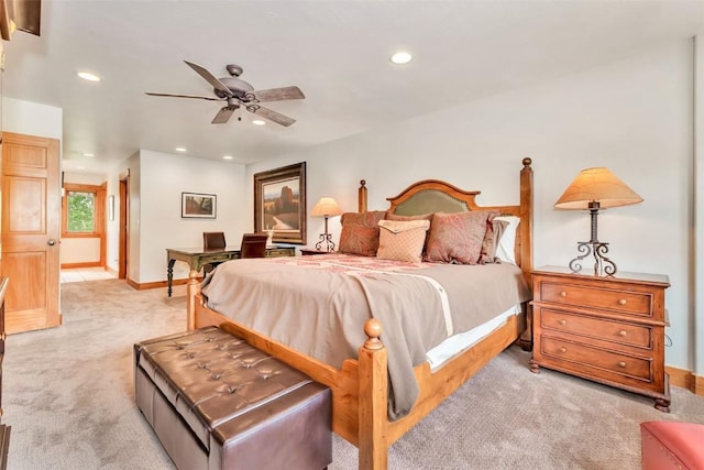 1250 Harwig Cir, Steamboat Springs, CO 80487 - bedroom with light colored carpet, recessed lighting, baseboards, and ceiling fan