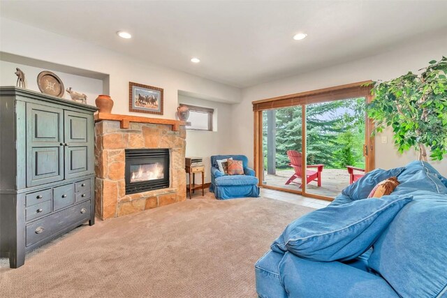 1250 Harwig Cir, Steamboat Springs, CO 80487 - living room with a fireplace, recessed lighting, and light colored carpet