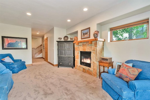 1250 Harwig Cir, Steamboat Springs, CO 80487 - living room with light carpet, a fireplace, recessed lighting, baseboards, and stairs