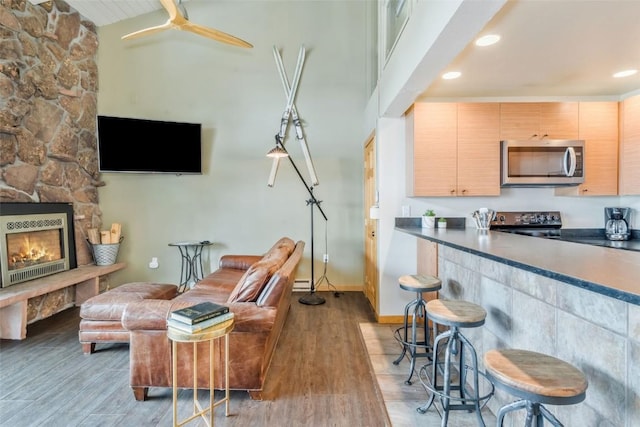 living room featuring wood finished floors, a fireplace, baseboards, recessed lighting, and a ceiling fan