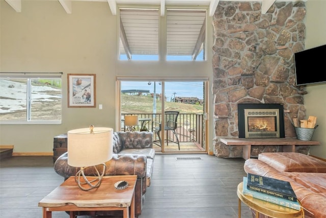 living area with hardwood / wood-style floors, high vaulted ceiling, a fireplace, plenty of natural light, and baseboards