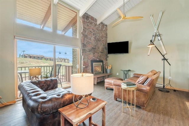 living room featuring beam ceiling, wood finished floors, baseboards, high vaulted ceiling, and wooden ceiling