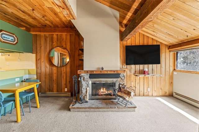 31500 Runaway Pl Unit 308, Steamboat Springs, CO 80487 - living area featuring a baseboard radiator, wood walls, wood ceiling, and vaulted ceiling with beams