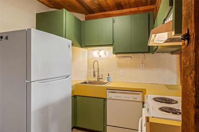 31500 Runaway Pl Unit 308, Steamboat Springs, CO 80487 - kitchen featuring a sink, decorative backsplash, white appliances, wood ceiling, and green cabinetry