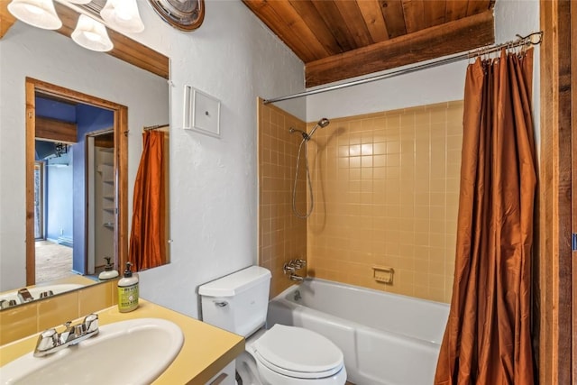 31500 Runaway Pl Unit 308, Steamboat Springs, CO 80487 - full bathroom with wood ceiling, toilet, vanity, and shower / bathtub combination with curtain