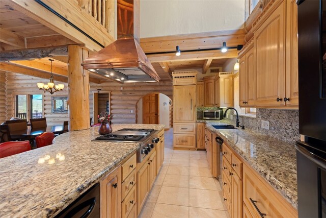 380 Darby Dr, Silverthorne, CO 80498 - kitchen with a sink, an inviting chandelier, beamed ceiling, log walls, and black appliances