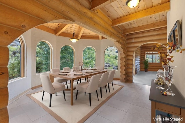 380 Darby Dr, Silverthorne, CO 80498 - dining space with rustic walls, arched walkways, beam ceiling, and wood ceiling