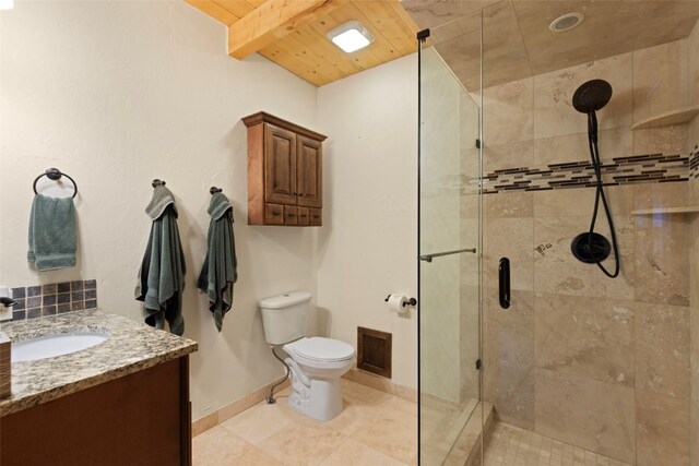 380 Darby Dr, Silverthorne, CO 80498 - bathroom featuring toilet, baseboards, a shower stall, wooden ceiling, and vanity