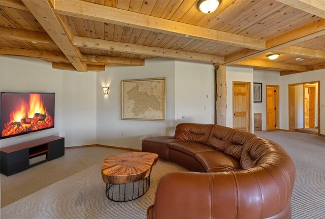 380 Darby Dr, Silverthorne, CO 80498 - living area featuring beam ceiling, wooden ceiling, baseboards, and carpet floors