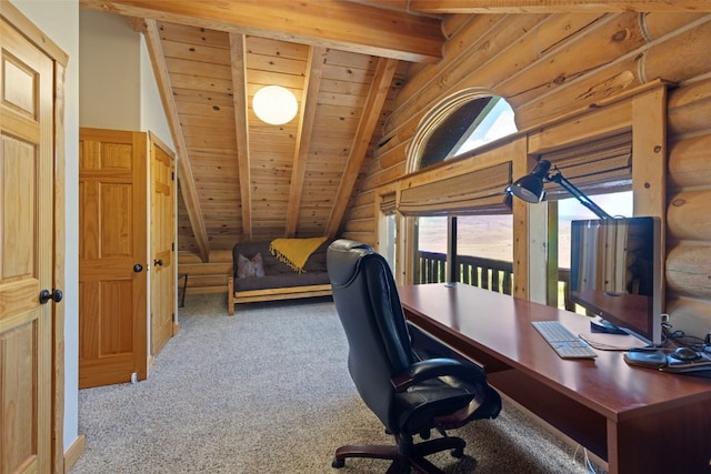 380 Darby Dr, Silverthorne, CO 80498 - carpeted office space featuring a wealth of natural light, log walls, wooden ceiling, and vaulted ceiling with beams