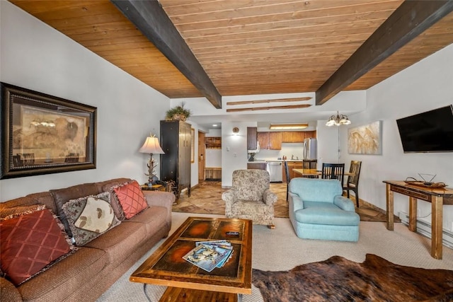 living room featuring beam ceiling, baseboards, an inviting chandelier, light colored carpet, and wooden ceiling