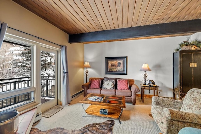 living room featuring wood ceiling, a baseboard radiator, carpet flooring, and beamed ceiling