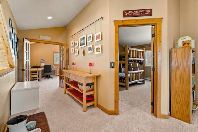 188 June Grass Ct, Fairplay, CO 80440 - hall featuring carpet floors, lofted ceiling, an office area, and recessed lighting