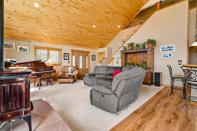 188 June Grass Ct, Fairplay, CO 80440 - living room featuring wooden ceiling, vaulted ceiling, stairs, and recessed lighting