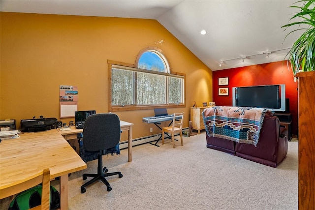 188 June Grass Ct, Fairplay, CO 80440 - carpeted office featuring lofted ceiling and a baseboard heating unit