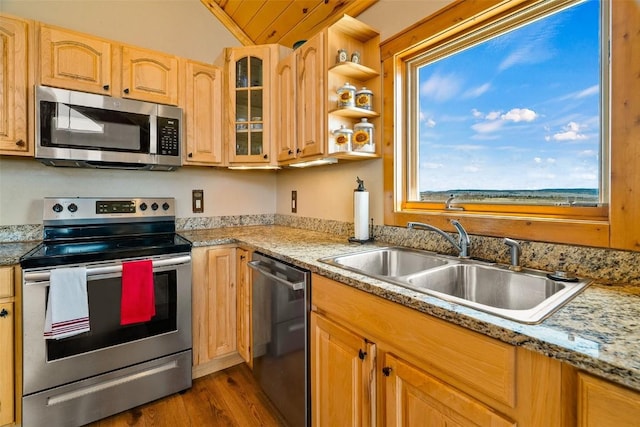 188 June Grass Ct, Fairplay, CO 80440 - kitchen featuring appliances with stainless steel finishes, wood finished floors, glass insert cabinets, vaulted ceiling, and open shelves